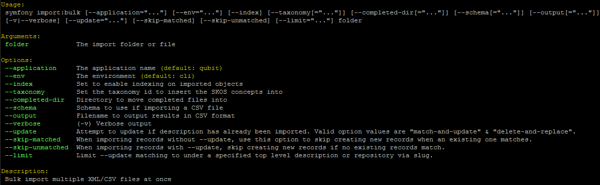 An image of the options available in the import:bulk command