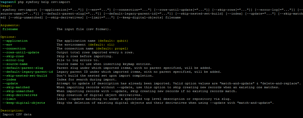 An image of the command-line options for CSV import