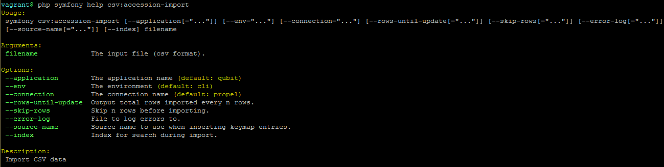 An image of the command-line options for accession record imports