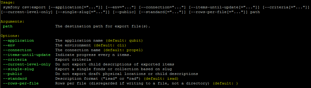 An image of the command-line options for CSV export