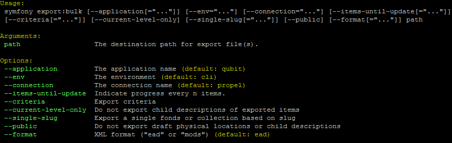 An image of the options available in the export:bulk command