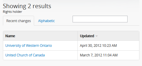 Name and Updated column headers in the Browse Rights holders page