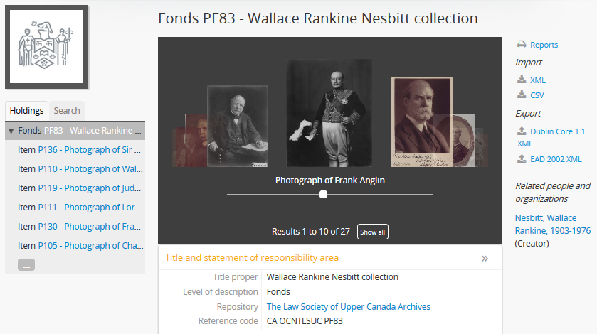 Example of the context menu on an archival description