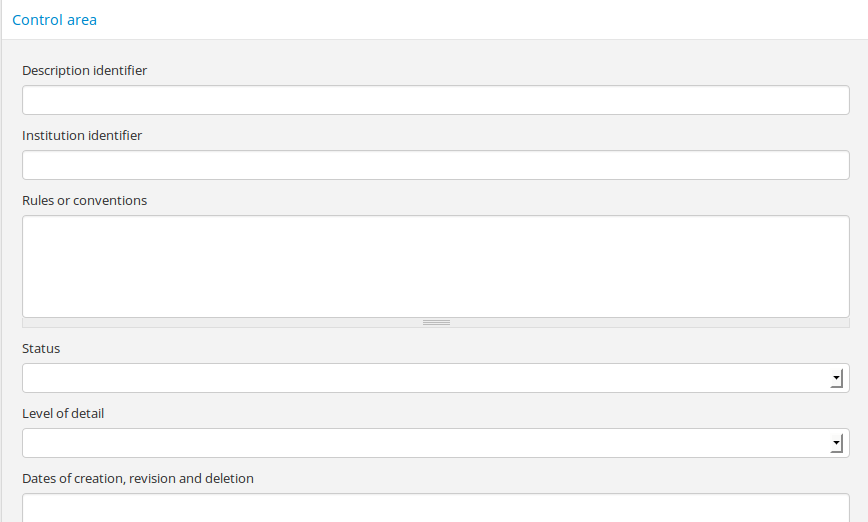 An image of the data entry fields for the Control area.