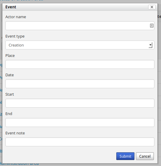 An image of the data entry fields for the Dates of Creation area