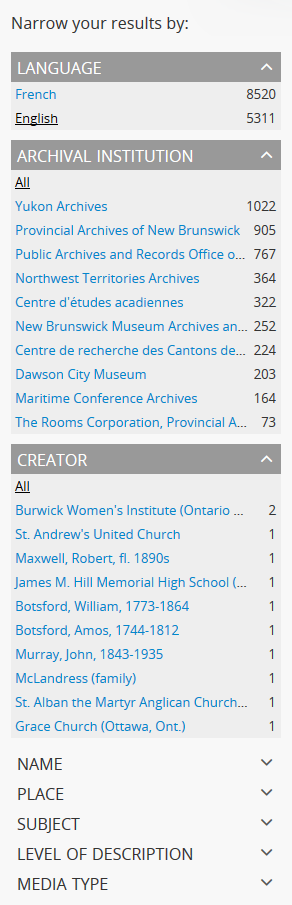 An image of the facet filters on an archival description browse page