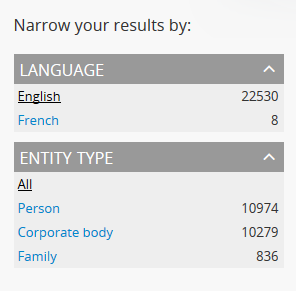 An image of the facet filters on the authority records browse page