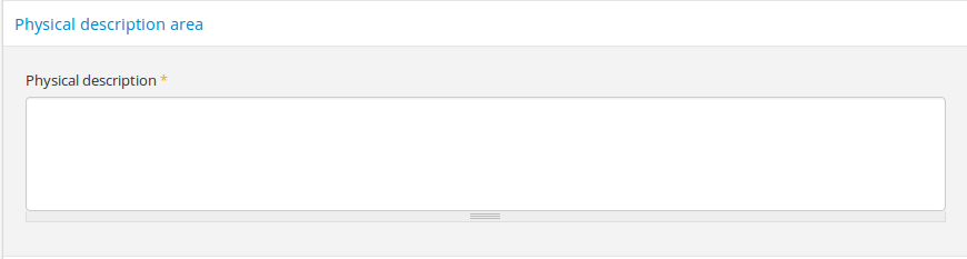 An image of the data entry fields for the Physical description area.