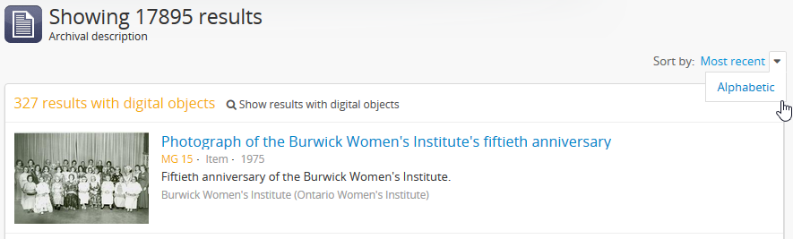 An image of a sort button on an archival description browse page