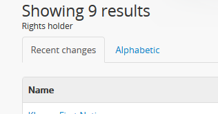 An image of the sort button tabs on a rights holder browse page