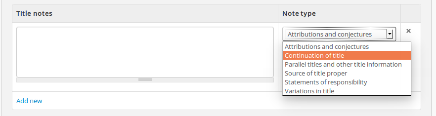 An image of the data entry fields for the Title notes area