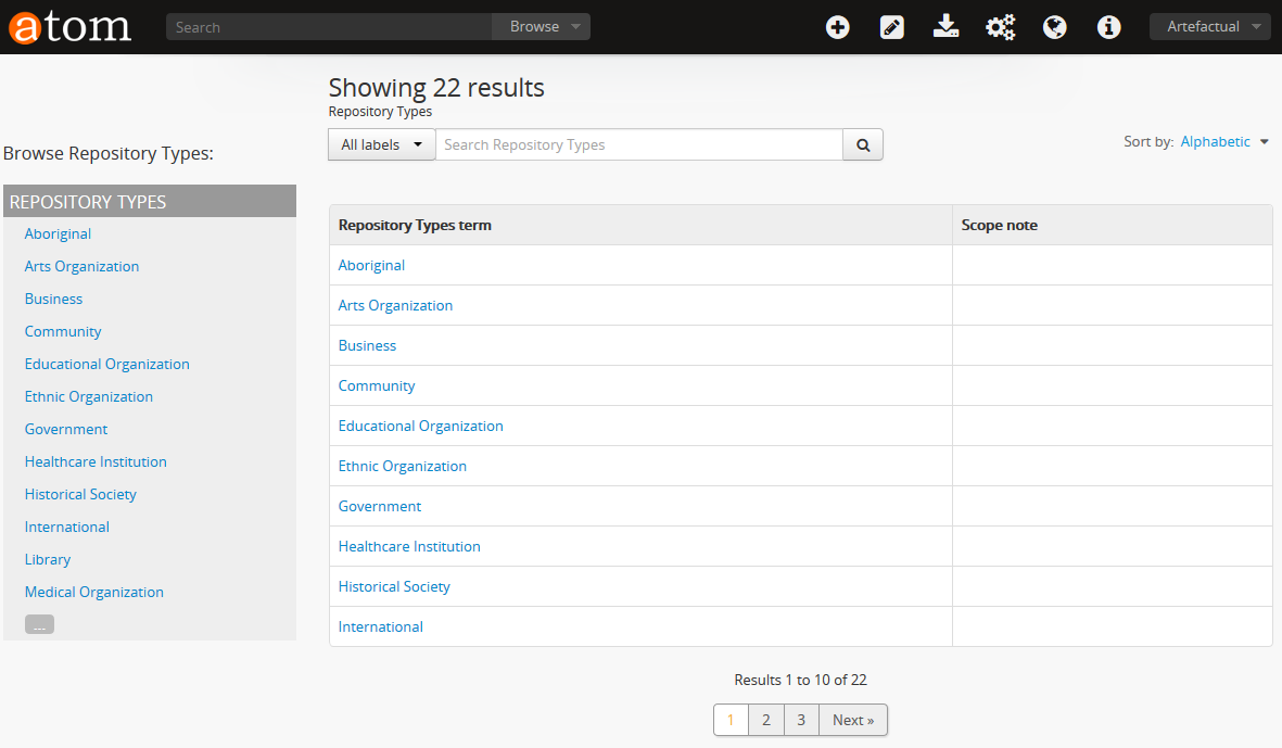 An example taxonomy page - the Repository types taxonomy