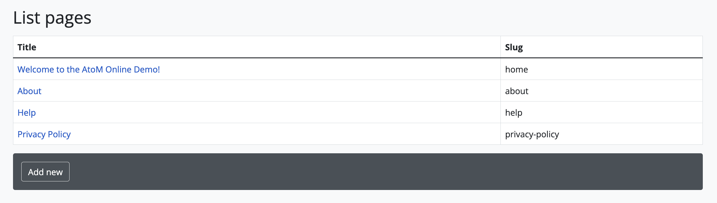 An image of the List static pages page in AtoM