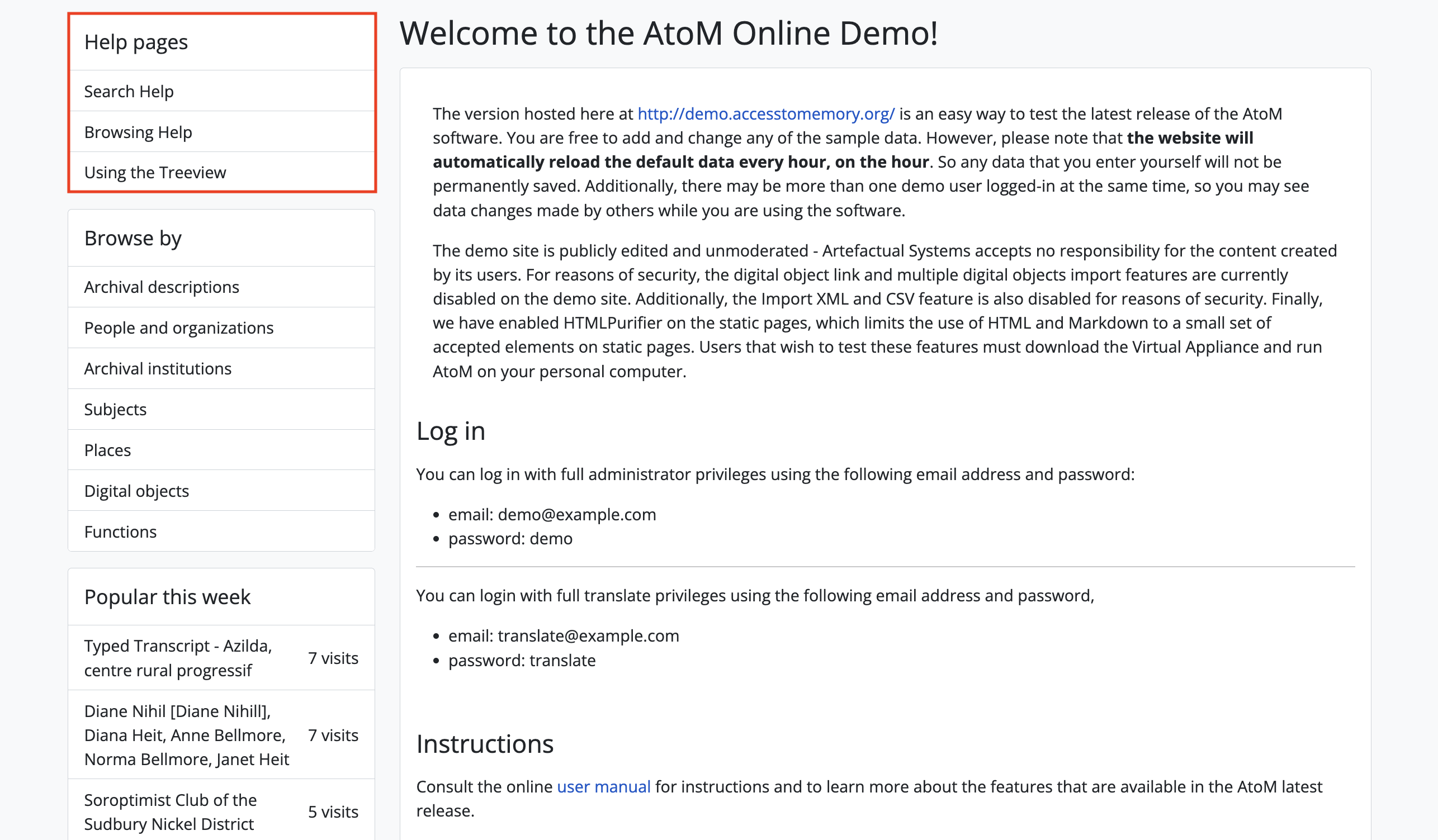 An example of the sidebar menu on the home page