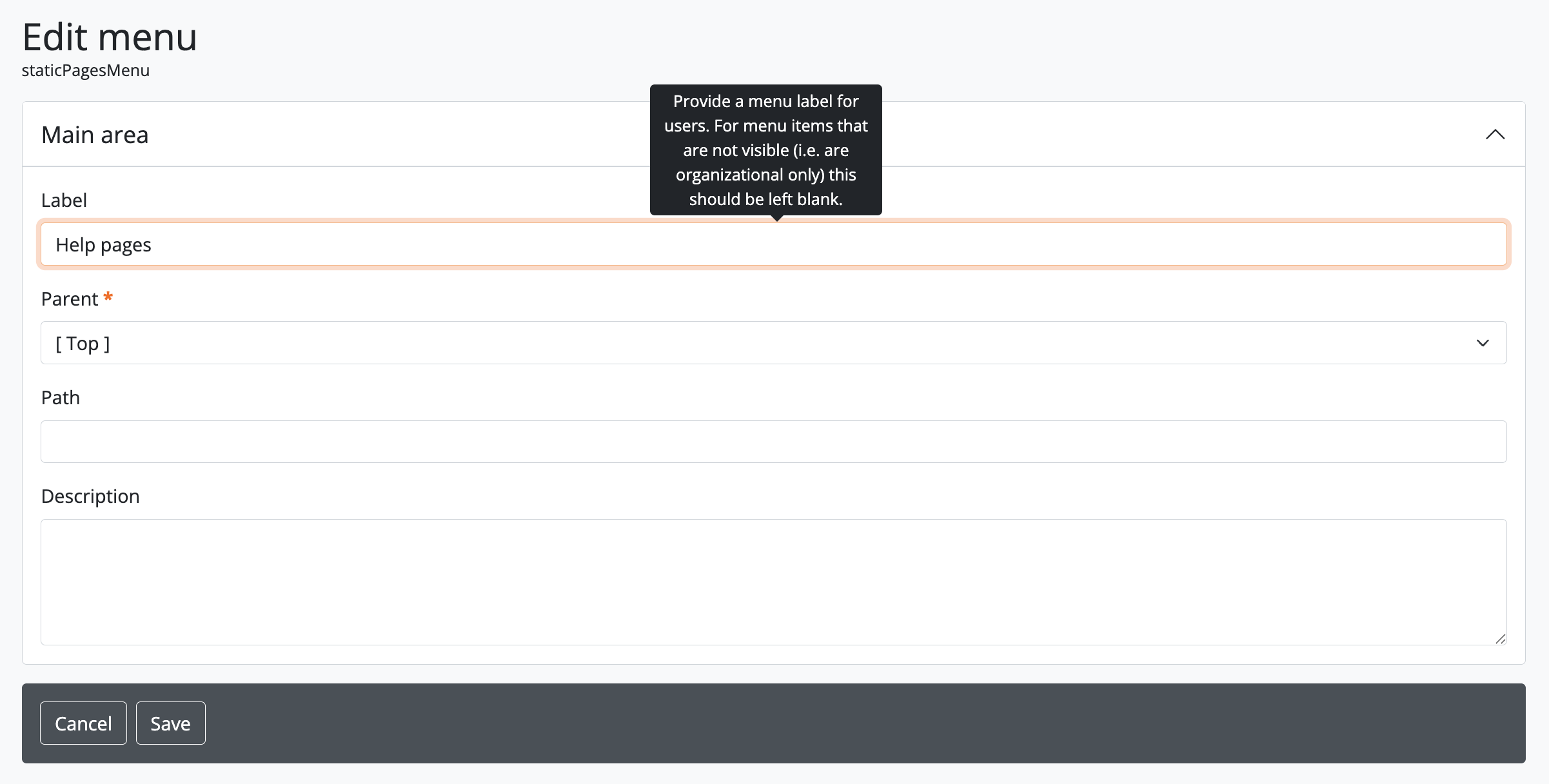 An image of editing the staticPagesMenu Label value