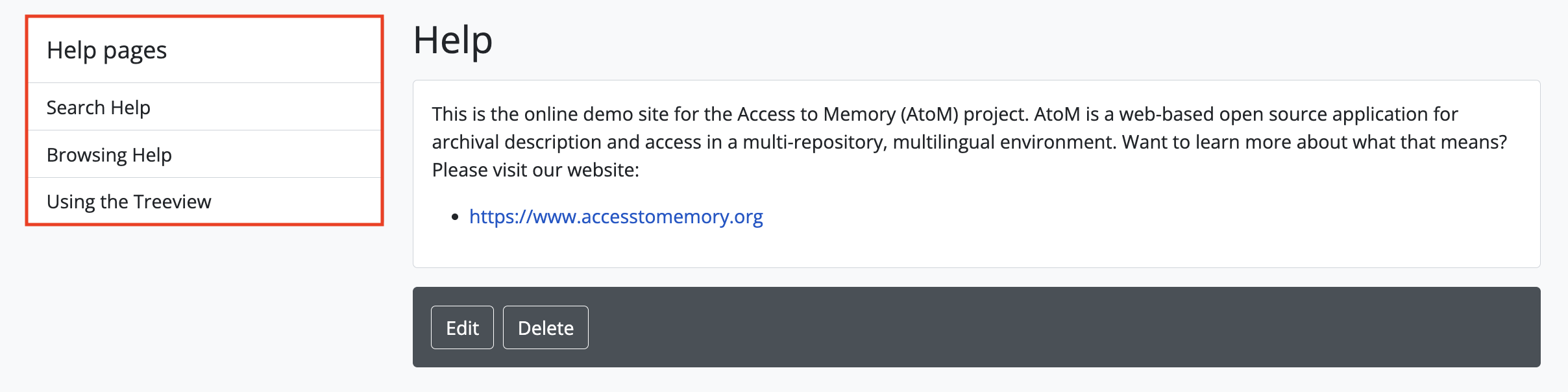 An example of the sidebar menu on a static page