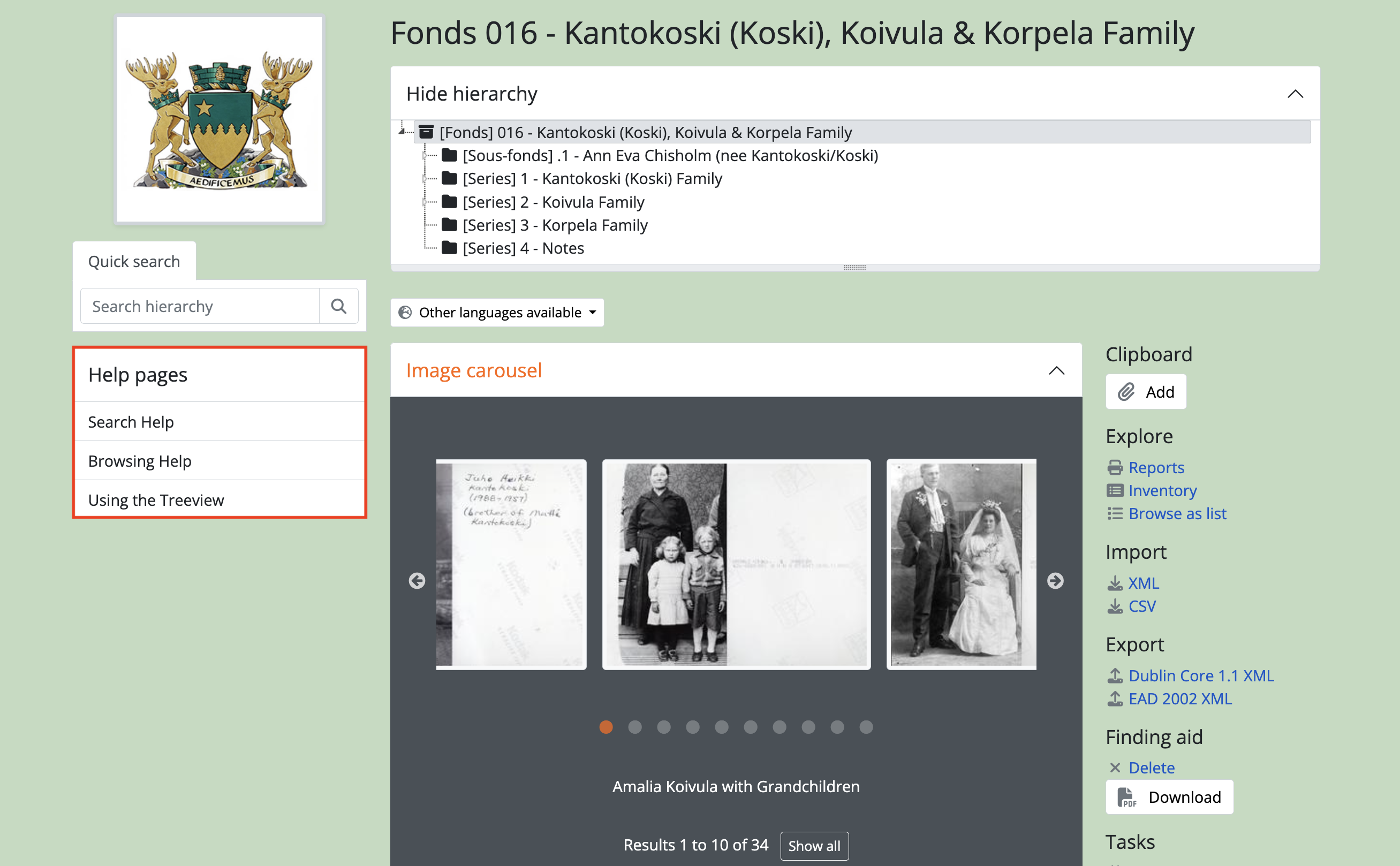 An example of the sidebar menu on an archival description