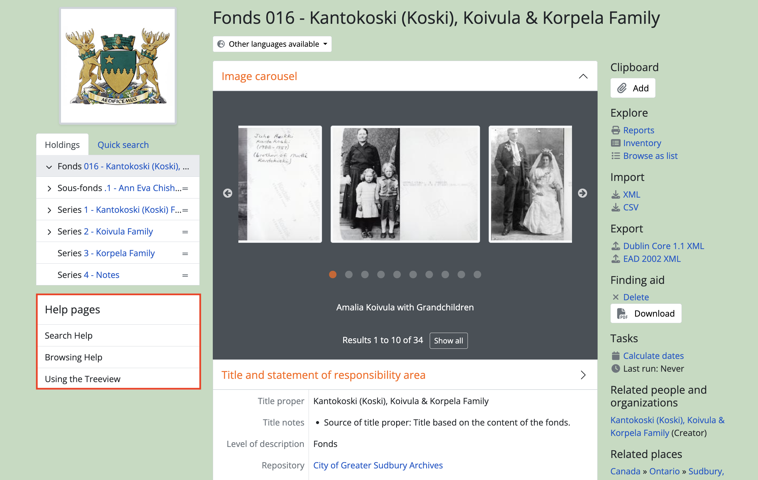 An example of the sidebar menu on an archival description