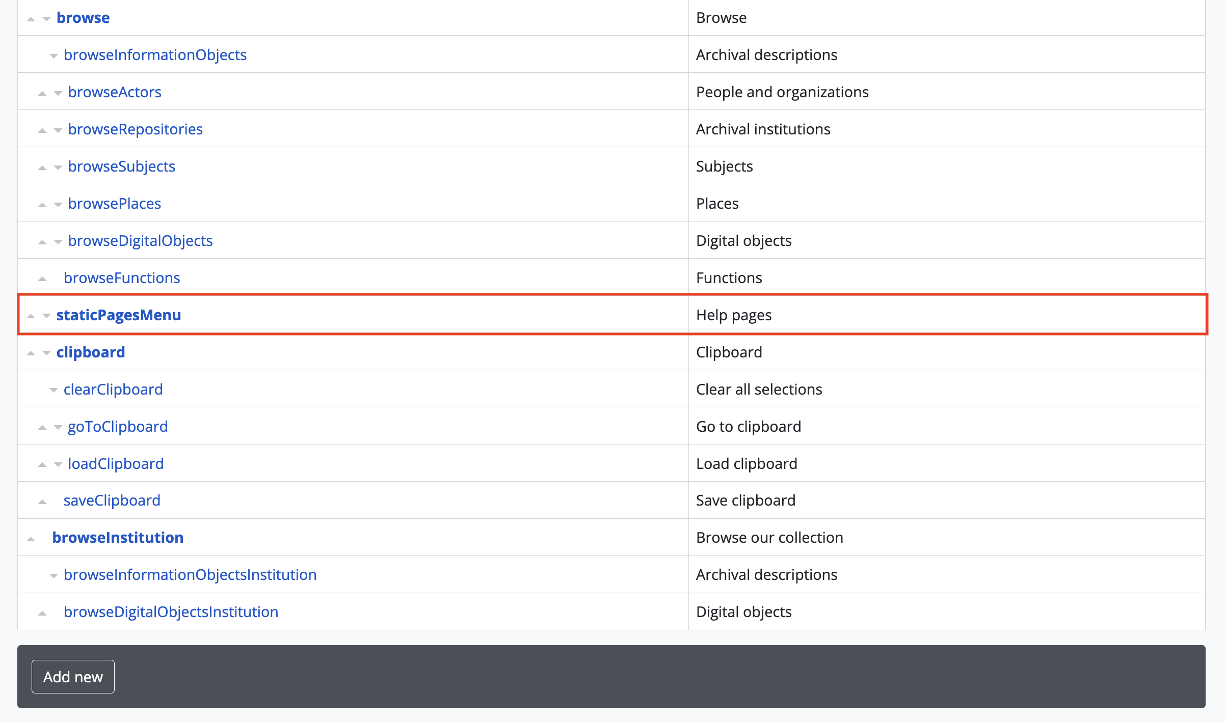 An image of the staticPagesMenu node in Manage Menus