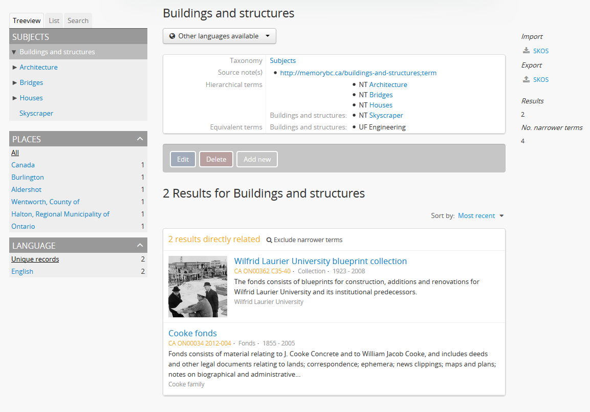 An image of the button block on a Subject term browse page
