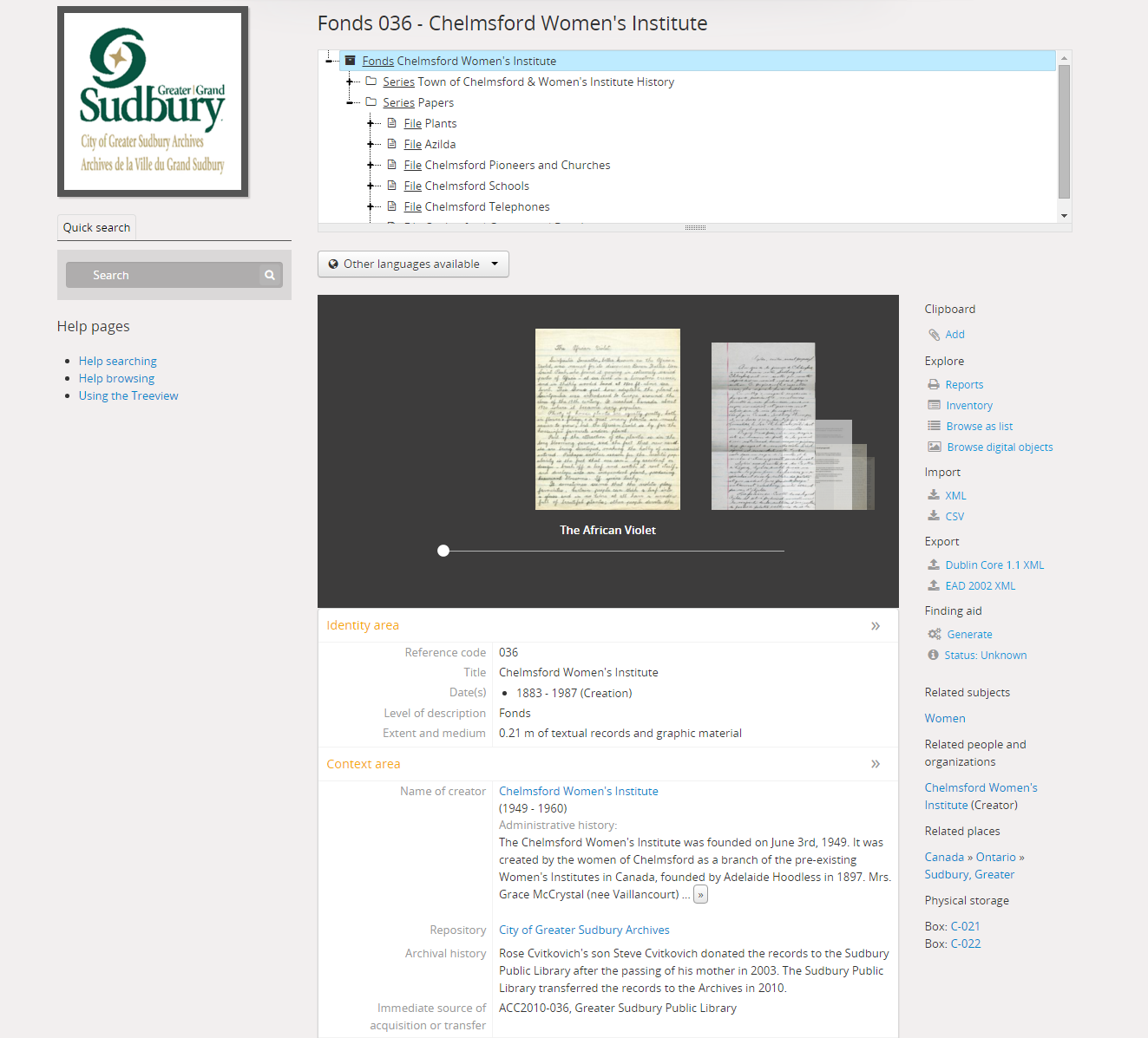Example of the context menu on an archival description