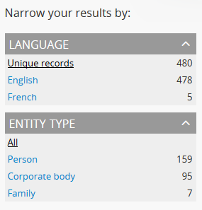 An image of the facet filters on the authority records browse page