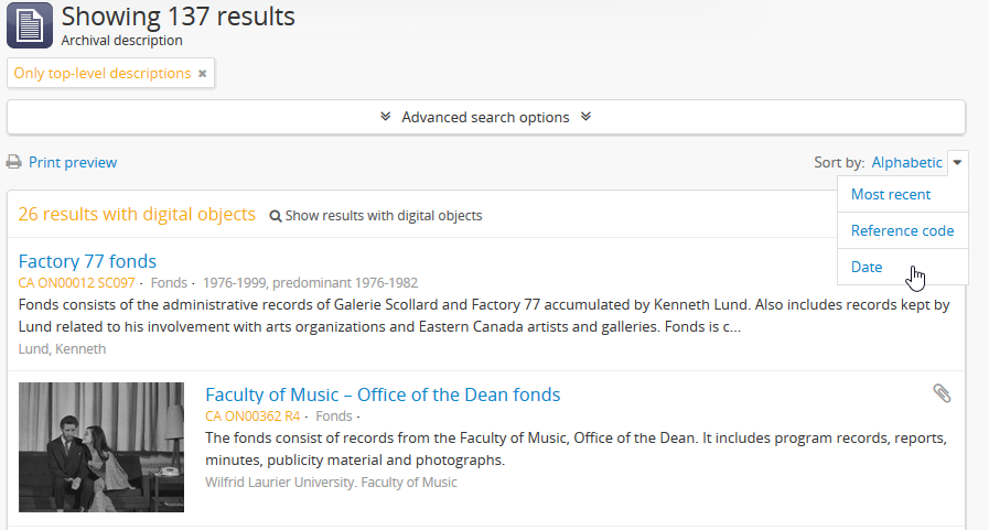 An image of a sort button on an archival description browse page
