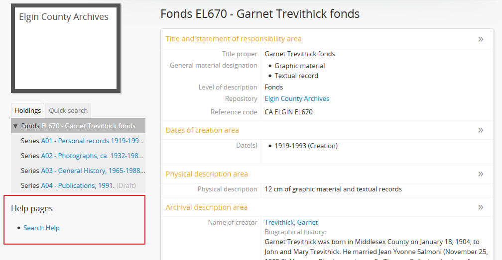 An example of the sidebar menu on an archival description