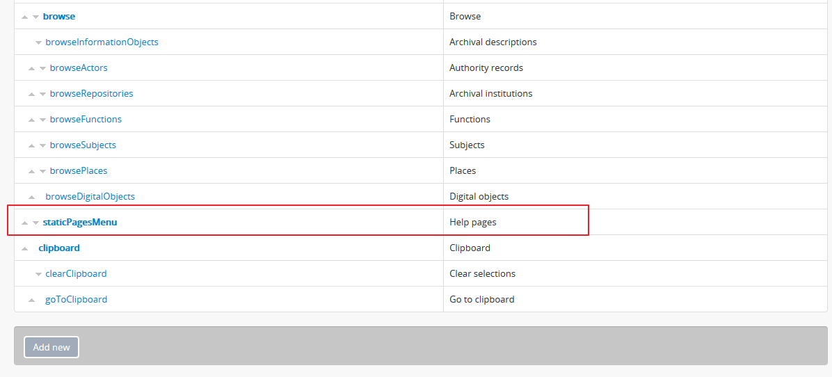 An image of the staticPagesMenu node in Manage Menus