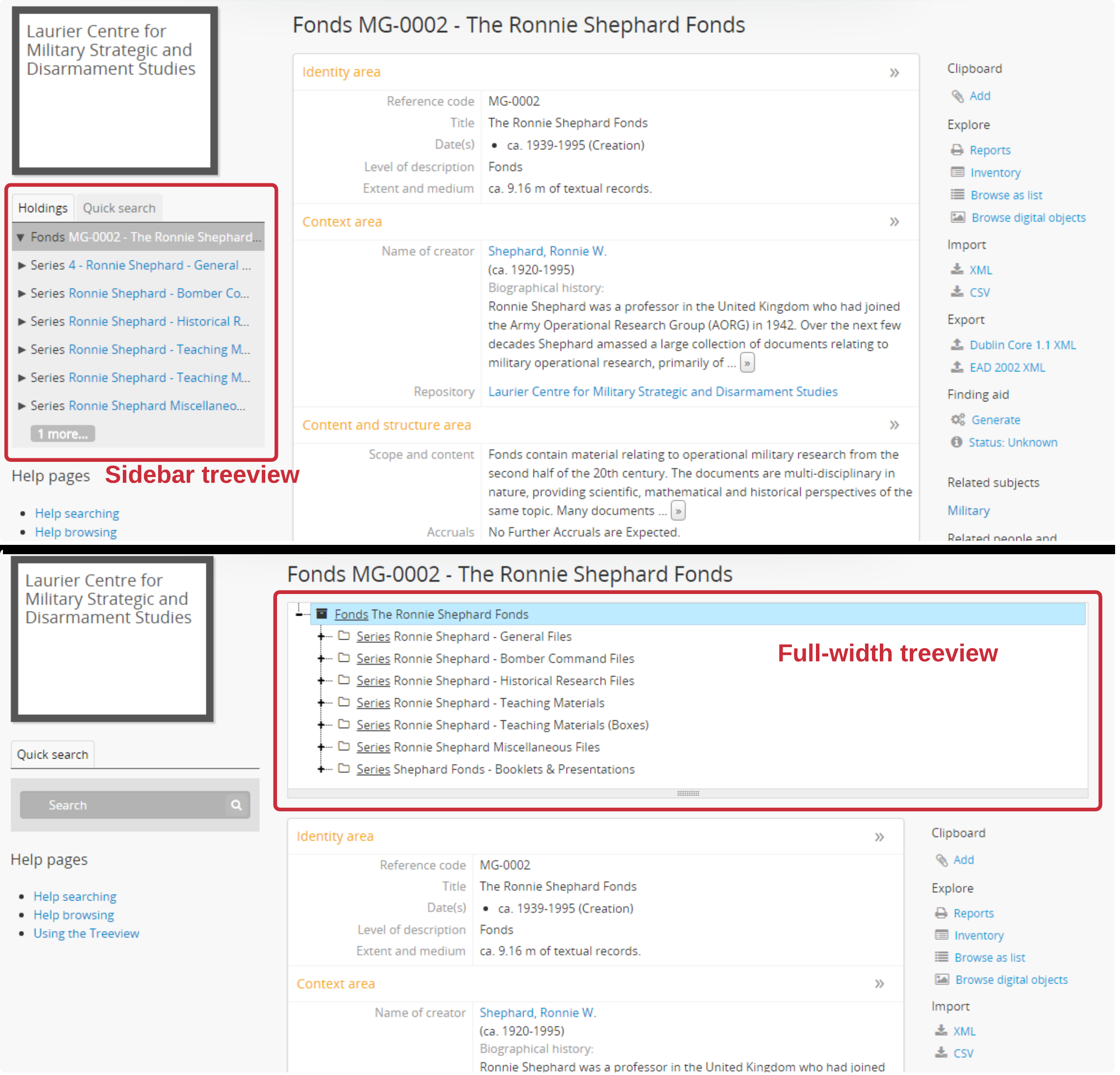 A comparison of the full-width and sidebar treeview displays.
