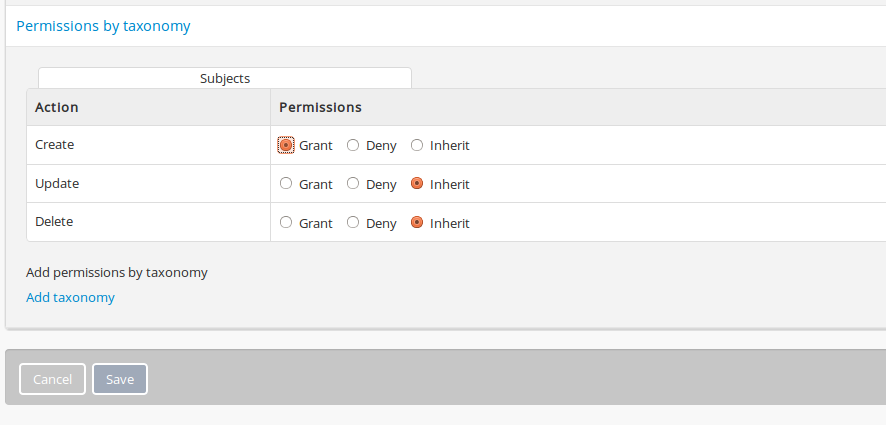 Example of how to remove permissions in a taxonomy.