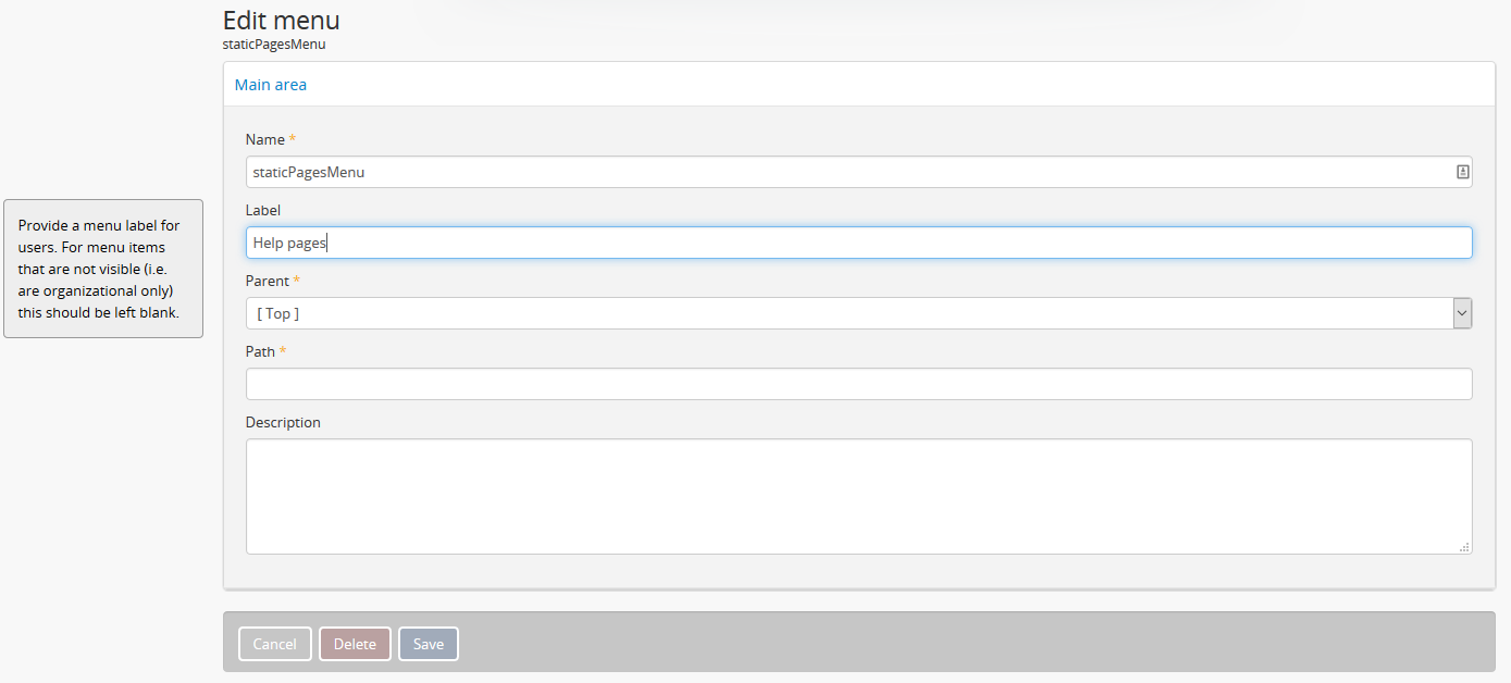 An image of editing the staticPagesMenu Label value