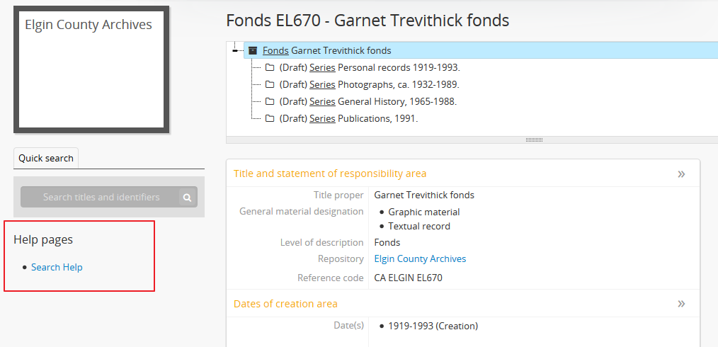An example of the sidebar menu on an archival description