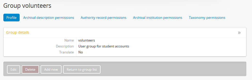 An image of the view page for a new Group