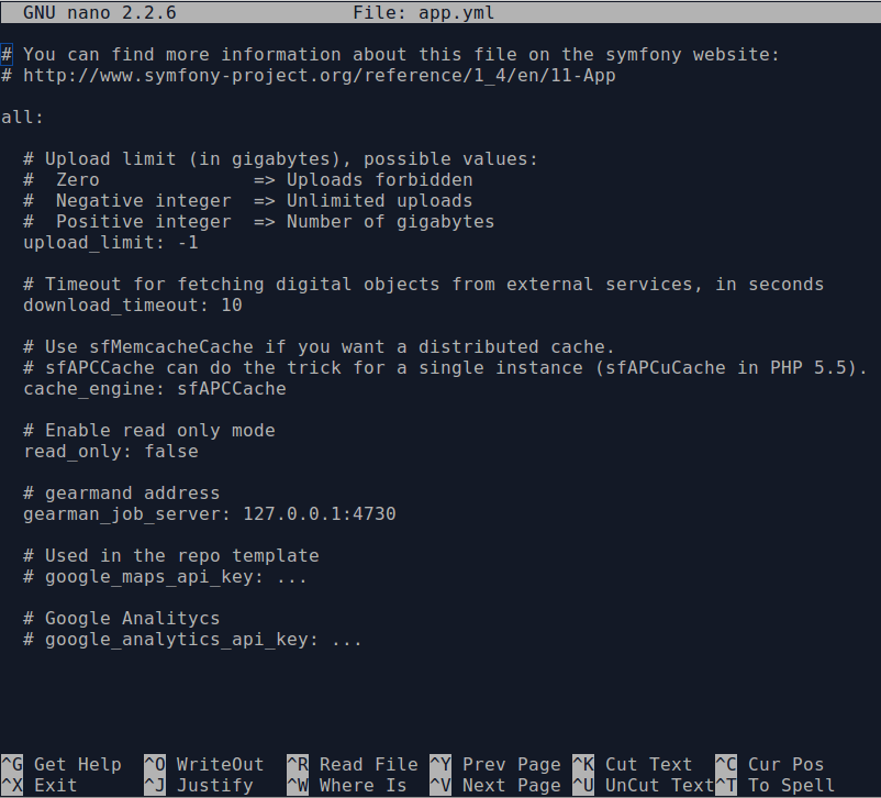 An image of the app.yml file in AtoM