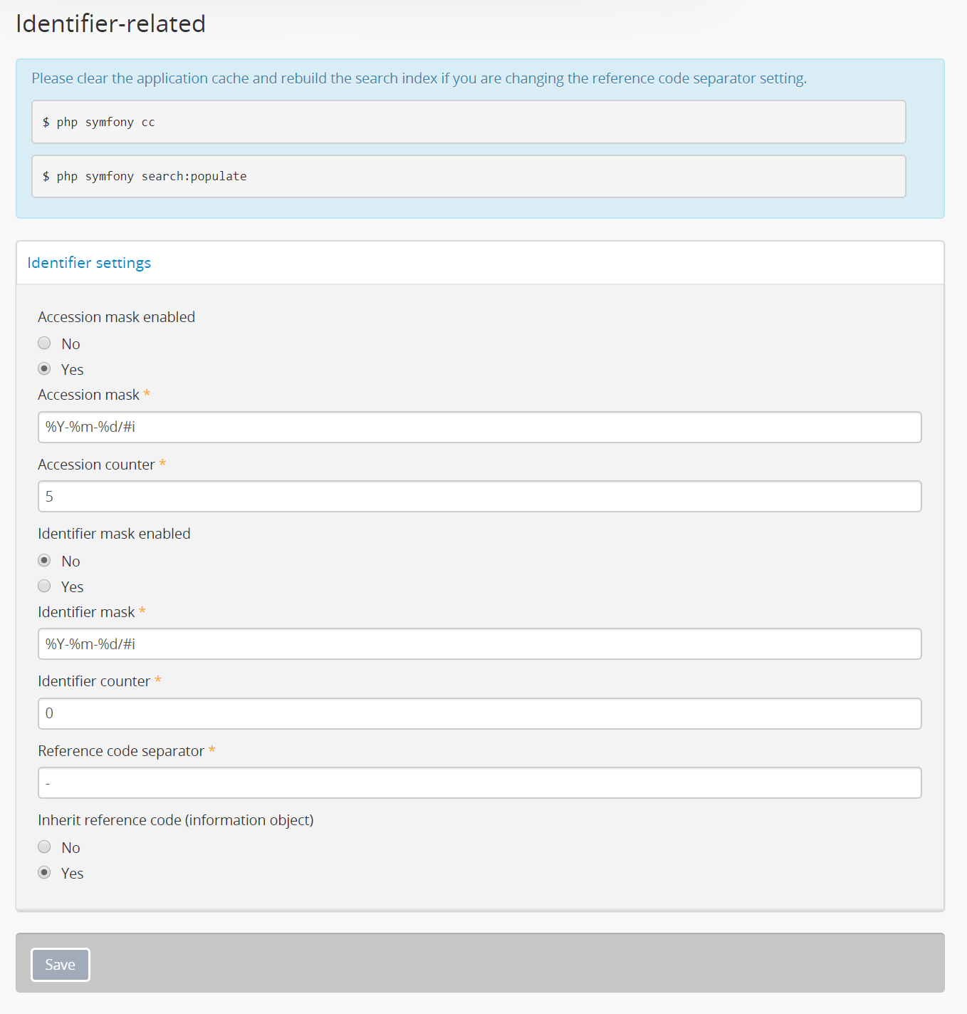 An image of the identifier-related settings in AtoM