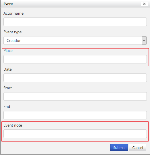 An illustration of the RAD event note and event place fields