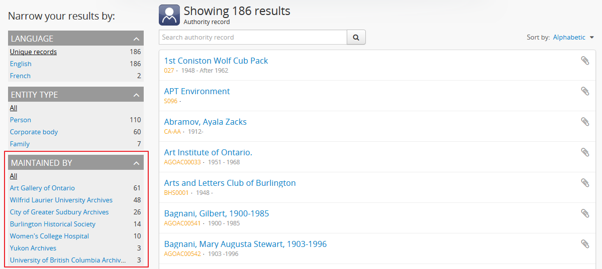 An image of the "Maintained by" facet on the authority record browse page