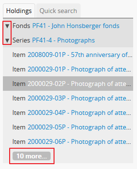 Treeview showing the hierarchy of child-levels in a fonds.