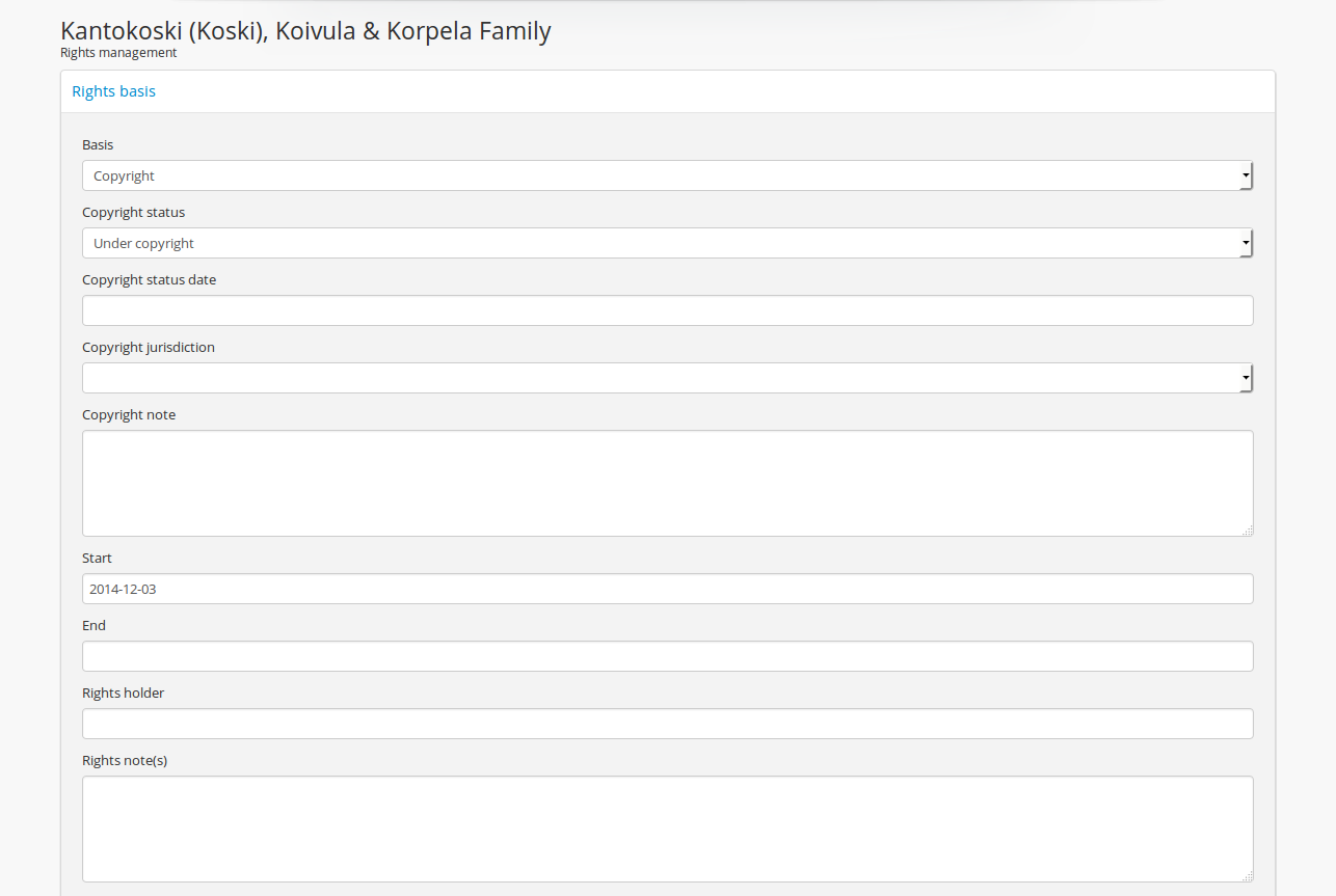Rights entry page with copyright as the basis