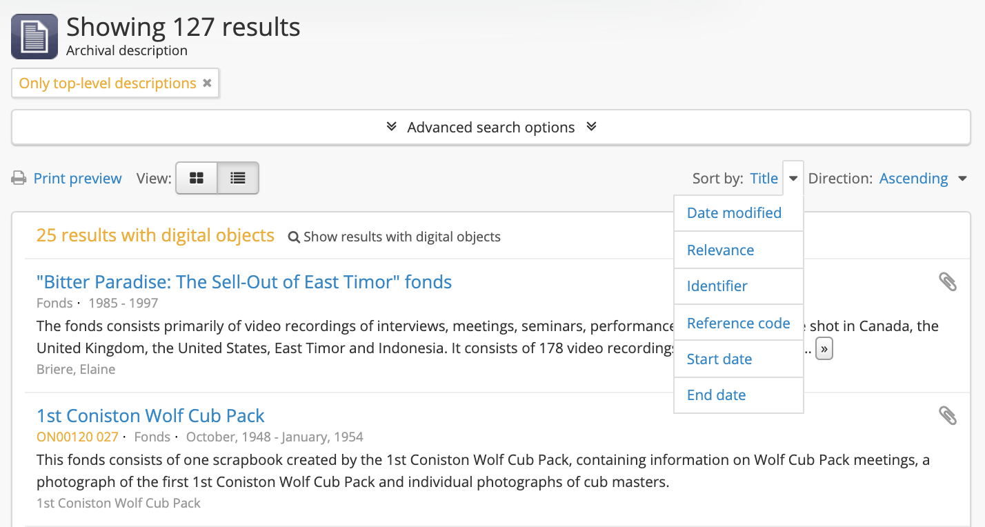 An image of sort buttons on an archival description browse page