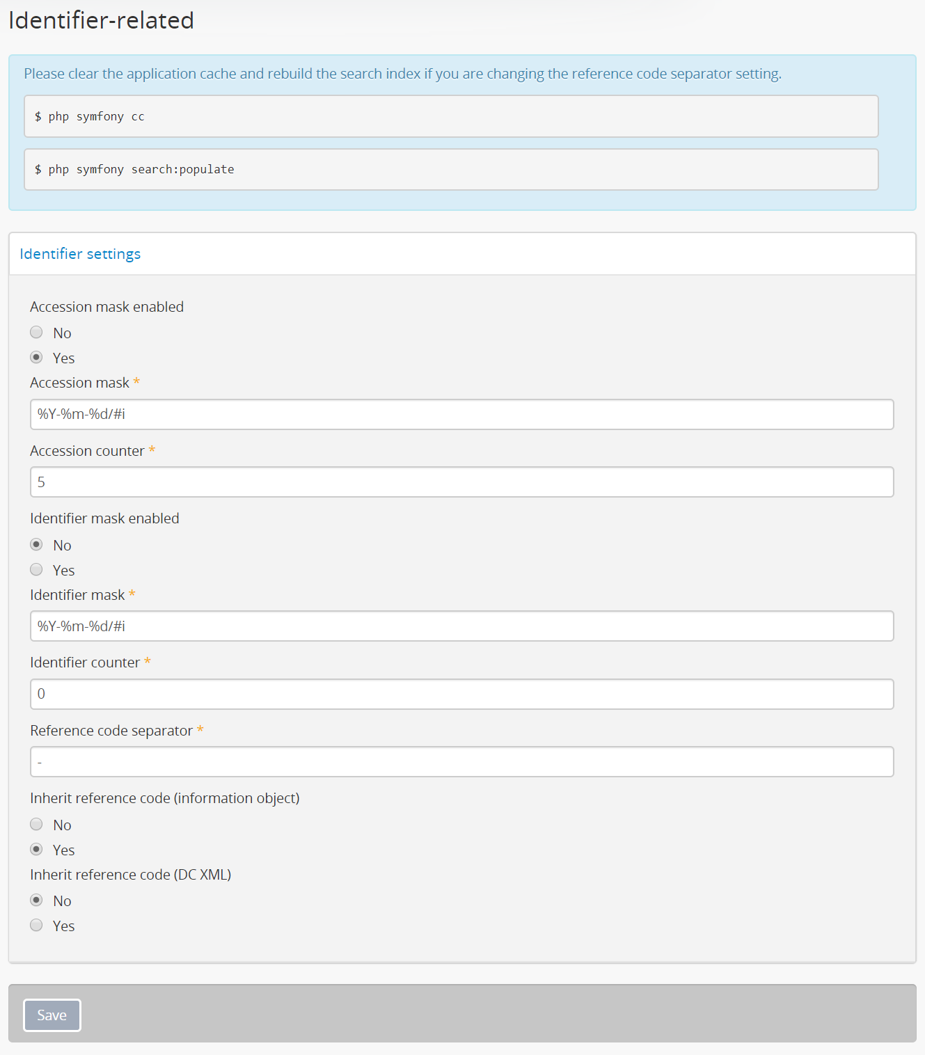 An image of the identifier-related settings in AtoM