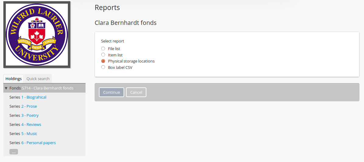 Report printing options including Physical storage locations