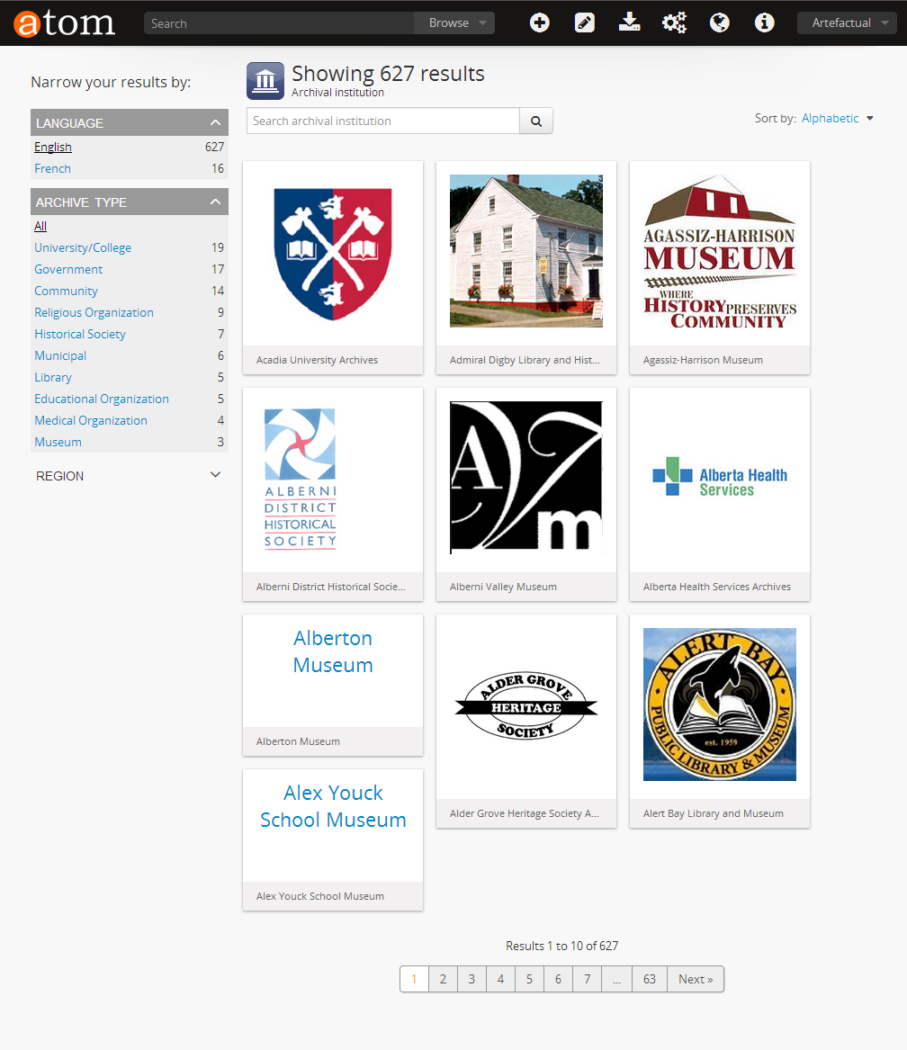 An image of the archival institution browse page