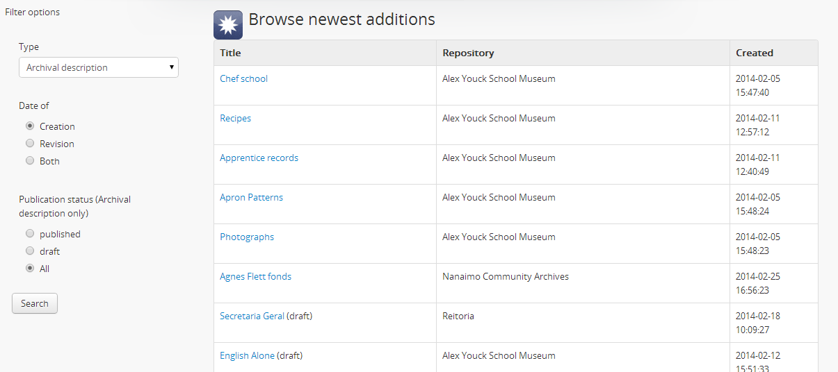 An image of the Browse newest editions menu in AtoM
