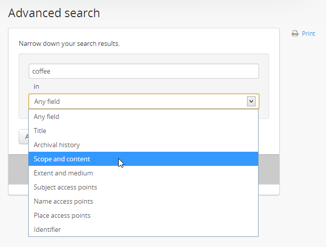 An image of a user limiting a search term to the scope and content field using the advanced search interface