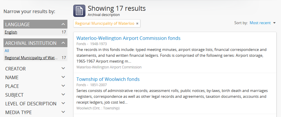 An example of an institution's holdings browse page