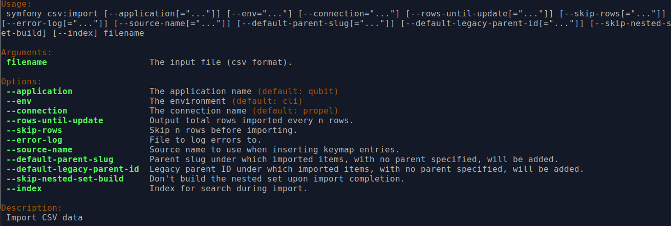An image of the command-line options for CSV import