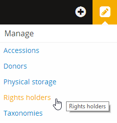 An image of a user selecting Rights holders in the Manage menu