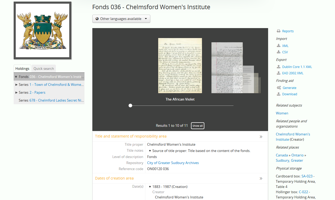 Example of the context menu on an archival description